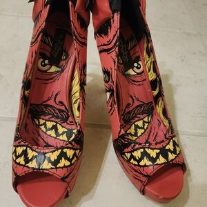 Iron Fist Red and Yellow Graphic Peep-Toe Heels